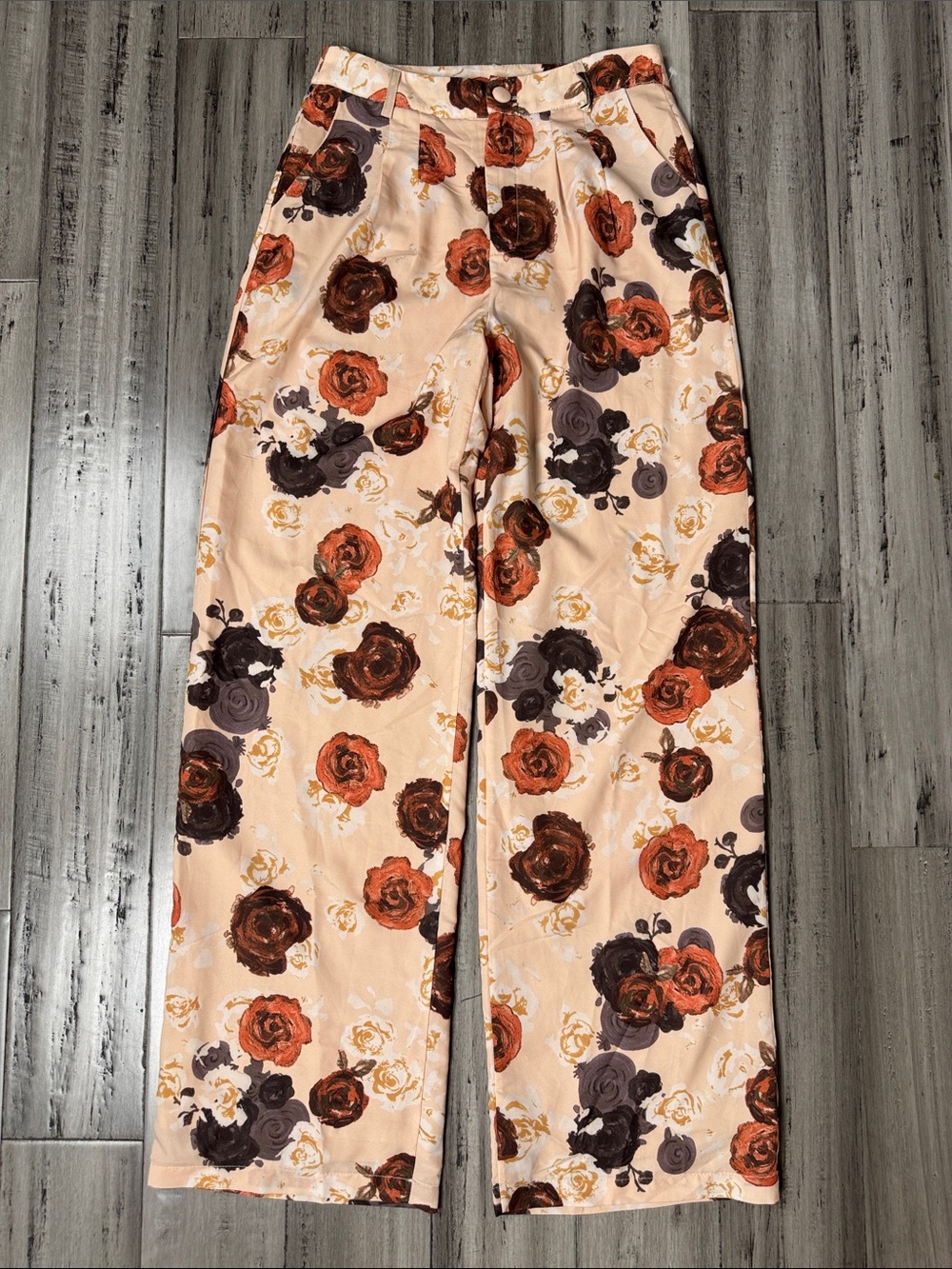 BAILEY ROSE FLORAL HIGH RISE WIDE LEG TROUSER PANTS CREAM BROWN ROSES SIZE MED - Picture 2 of 11